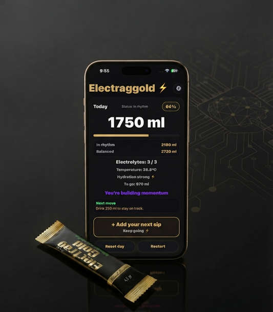 Electrag Gold Mixed Berries electrolyte sachet next to a smartphone showing AI-powered hydration score, representing intelligent hydration technology in the GCC
