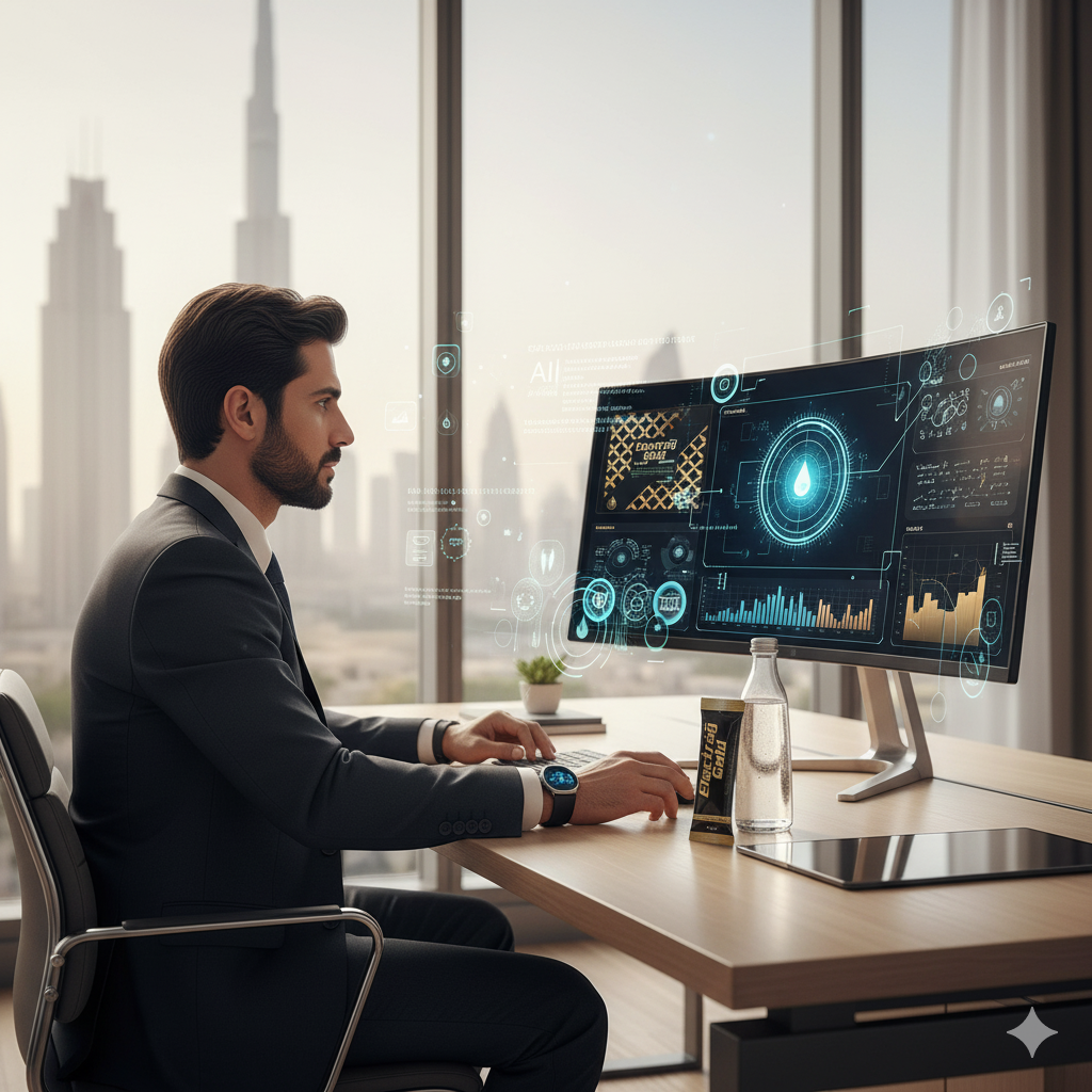 AI-driven workplace hydration in Dubai office with Electrag Gold sugar-free electrolyte sachet, smart wearable detection and high-performance corporate environment