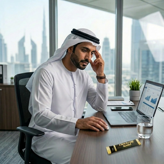 Office worker in Dubai experiencing indoor fatigue and mild headache in air conditioning with Electrag Gold nearby