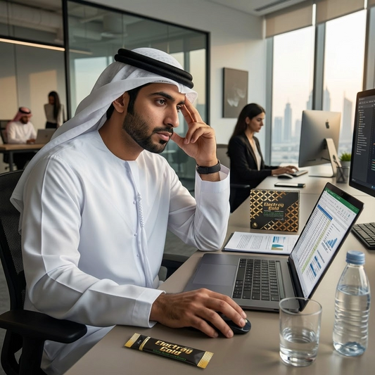 Professional in Dubai experiencing reduced focus and productivity during a long workday with Electrag Gold nearby