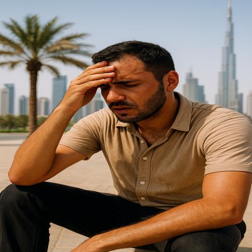 Exhausted man in Dubai heat after a full day without electrolytes — signs of dehydration and low energy