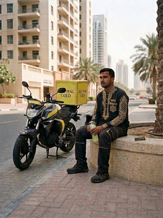Delivery rider taking a hydration break in Dubai heat with Electrag Gold electrolyte sachet during a long outdoor work shift in the UAE