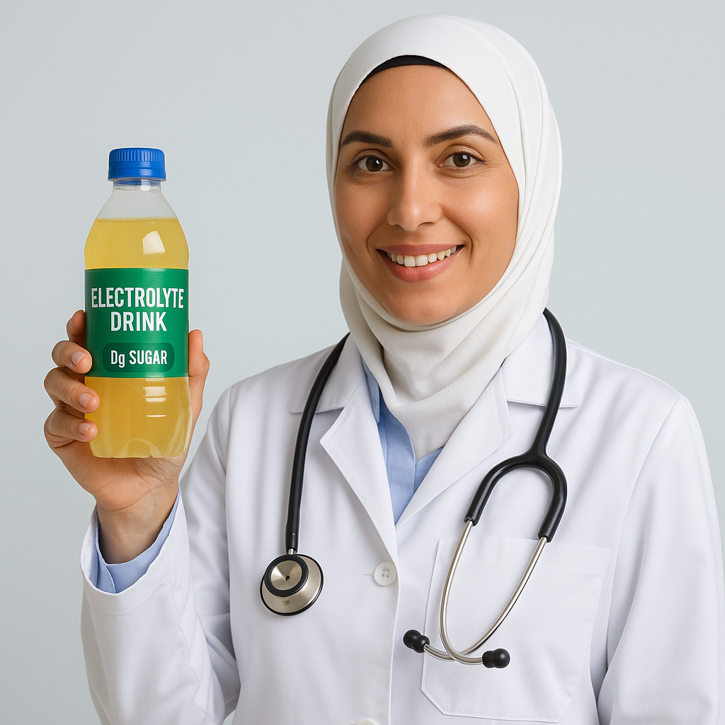 Doctor holding a bottle of electrolyte drink with a gray background