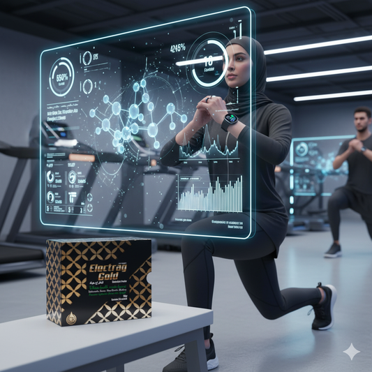 Emirati athlete training with AI-assisted fitness technology and Electrag Gold sugar-free electrolyte powder for smart hydration in UAE heat