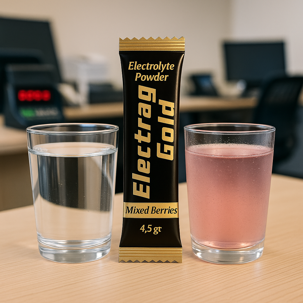 Electrag Gold sugar-free electrolyte powder sachet with comparison of plain water vs electrolyte drink in a Dubai taxi drivers’ office – best hydration solution for long-hour drivers.