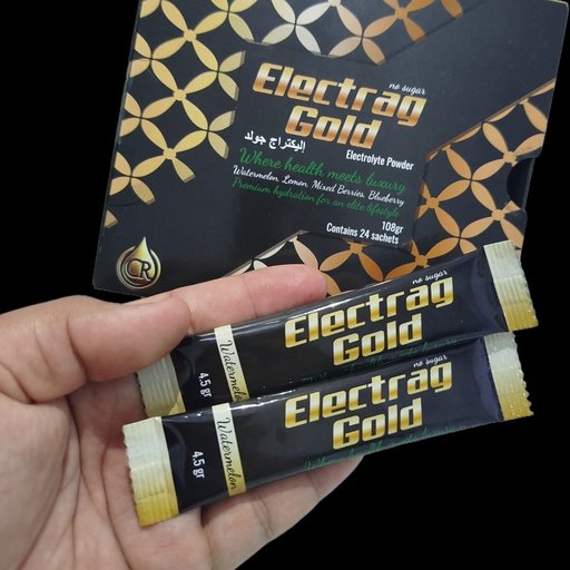 Electrag Gold sugar-free electrolyte box with sachets in hand—safe hydration for Dubai and UAE heat, Montaji certified.