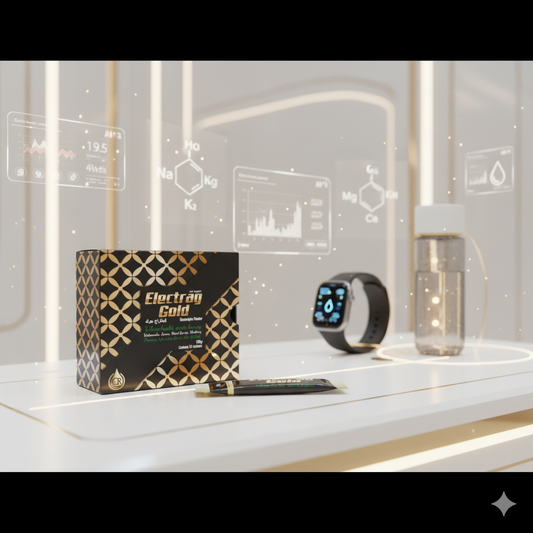 Electrag Gold electrolyte powder sachets displayed with a futuristic hydration-tech background representing clean supplements and wellness trends in UAE 2026.