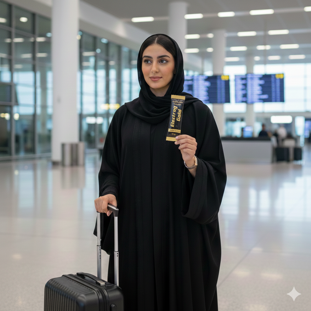 Emirati woman at Dubai Airport holding Electrag Gold sugar-free electrolyte sachet for smart travel hydration in 2026.