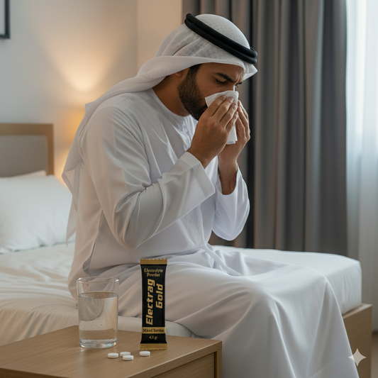 Emirati man recovering from flu season in Dubai sitting on bed with tissue, glass of water, medicine tablets, and Electrag Gold Mixed Berries sachet on bedside table.