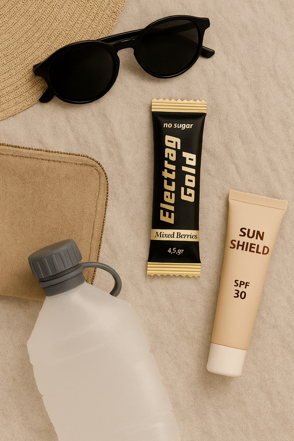 Flat lay of Electrag Gold electrolyte powder sachet (Mixed Berries, 4.5) with hat, sunglasses, collapsible water bottle, pouch, and SUN SHIELD SPF 30—respectful packing kit for Hajj & Umrah in GCC heat.