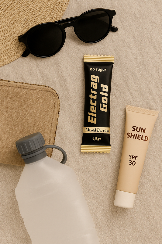 Flat lay of Electrag Gold electrolyte powder sachet (Mixed Berries, 4.5) with hat, sunglasses, collapsible water bottle, pouch, and SUN SHIELD SPF 30—respectful packing kit for Hajj & Umrah in GCC heat.