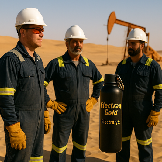 Oil field workers in UAE desert with Electrag Gold water bottle for hydration during extreme heat