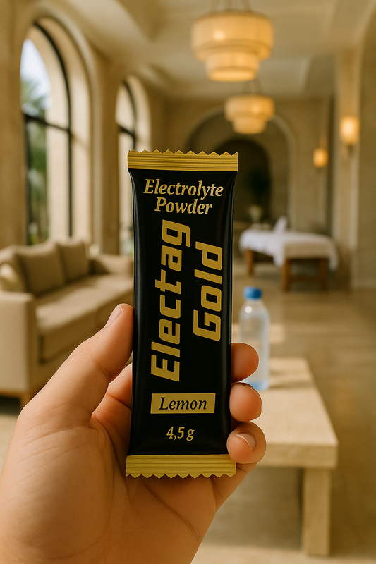 Electrag Gold sachet at a luxury hotel spa in Dubai, premium sugar-free electrolyte hydration