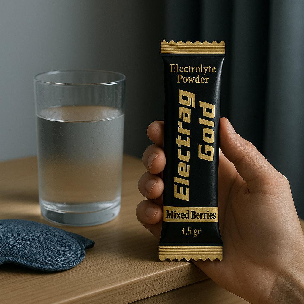 Electrag Gold Mixed Berries sachet on a bedside table with a glass of water and sleep mask, illustrating a migraine hydration routine.