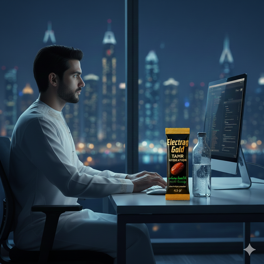 Night shift worker in Dubai using Electrag Gold Tamr Hydration sugar-free electrolyte powder at a desk with city lights in the background.