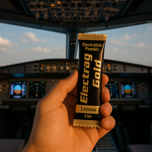 Pilot hydration in UAE — Electrag Gold sugar-free electrolyte sachet inside airplane cockpit for aviation professionals