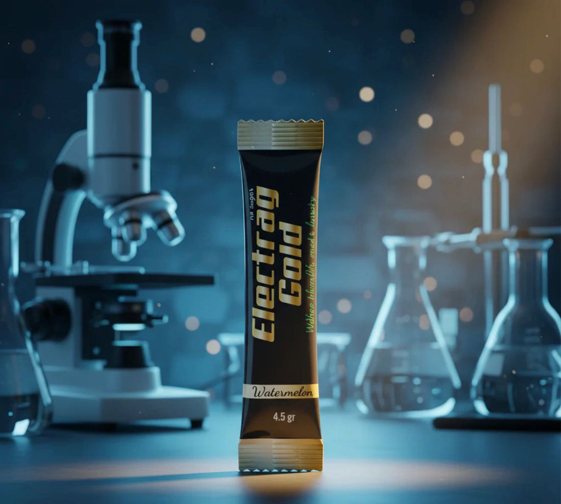 Electrag Gold sugar-free electrolyte sachet displayed in a modern hydration science laboratory environment