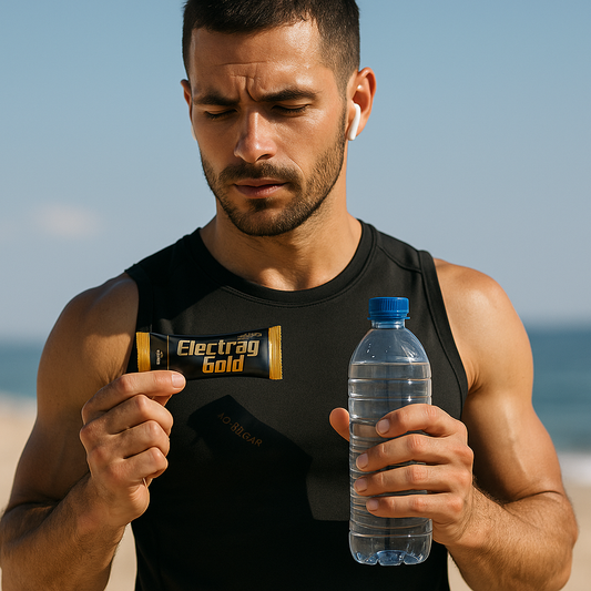 Athlete on a running track in Dubai holding Electrag Gold sugar-free electrolyte sachet and a water bottle for hydration and sports performance