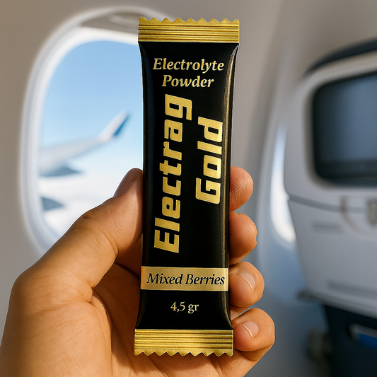Electrag Gold sugar-free electrolyte powder sachet for travel hydration in UAE and GCC, held inside an airplane cabin, ideal for long flights and road trips.