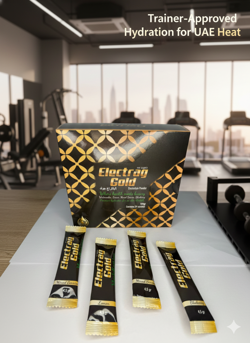 Electrag Gold sugar-free electrolyte powder box with four sachets displayed in a UAE gym setting, showing premium hydration trusted by fitness trainers for performance and recovery.