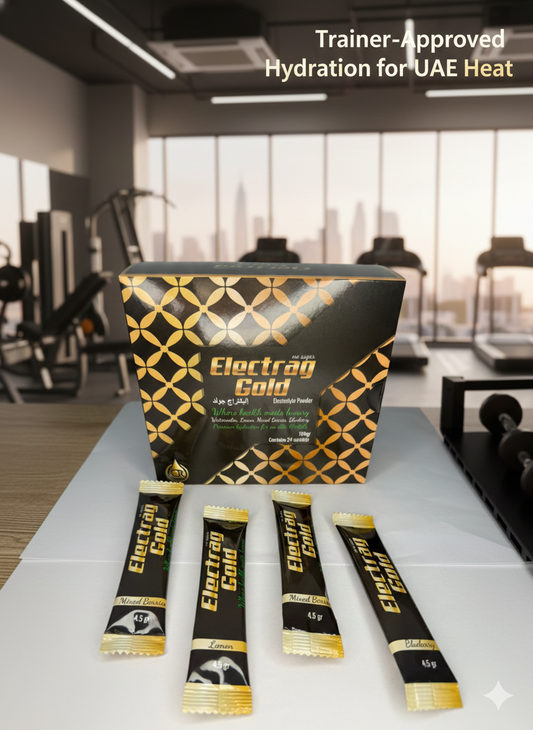 Electrag Gold sugar-free electrolyte powder box with four sachets displayed in a UAE gym setting, showing premium hydration trusted by fitness trainers for performance and recovery.
