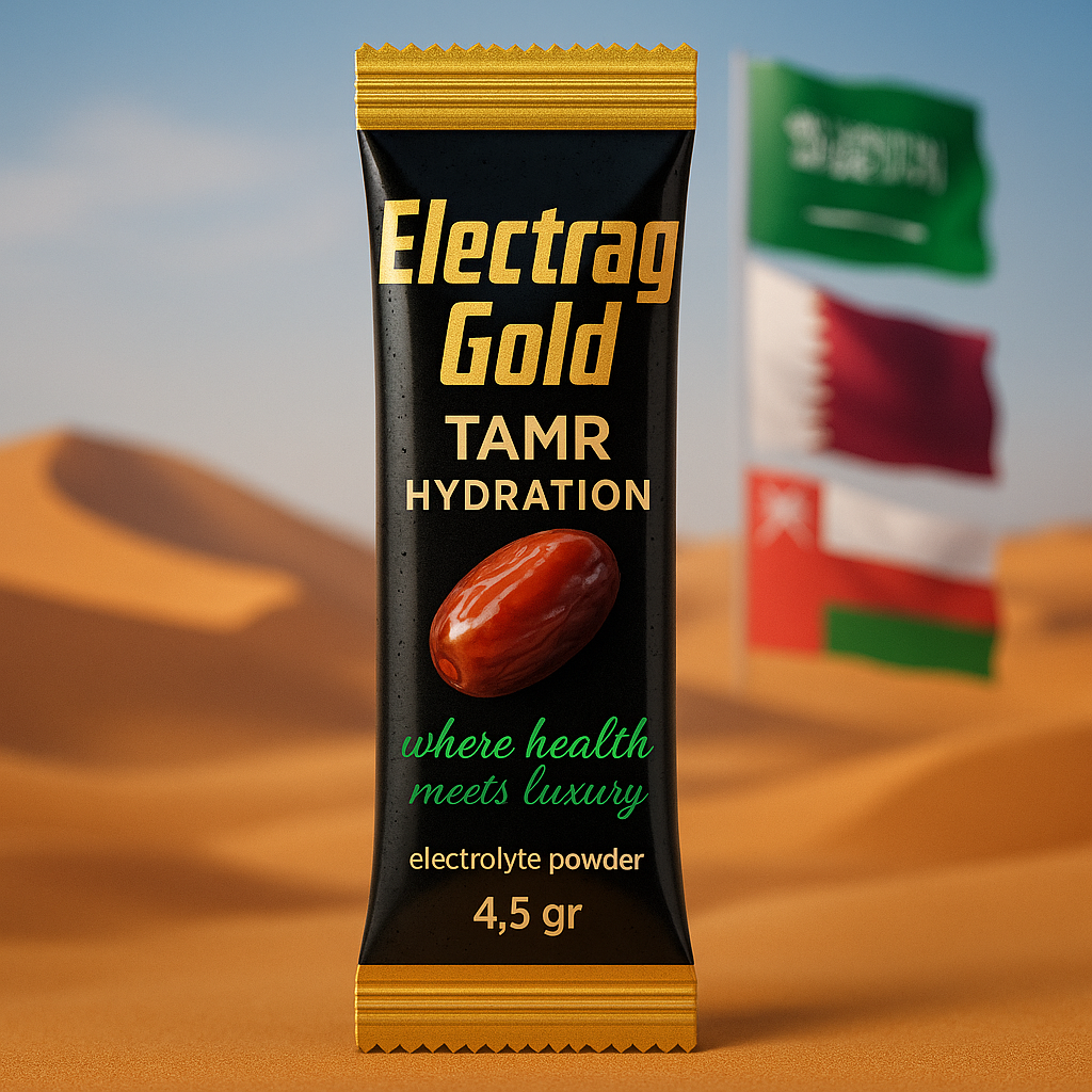 Electrag Gold Tamr Hydration electrolyte powder sachet in desert with Saudi Arabia, Qatar and Oman flags, highlighting GCC expansion