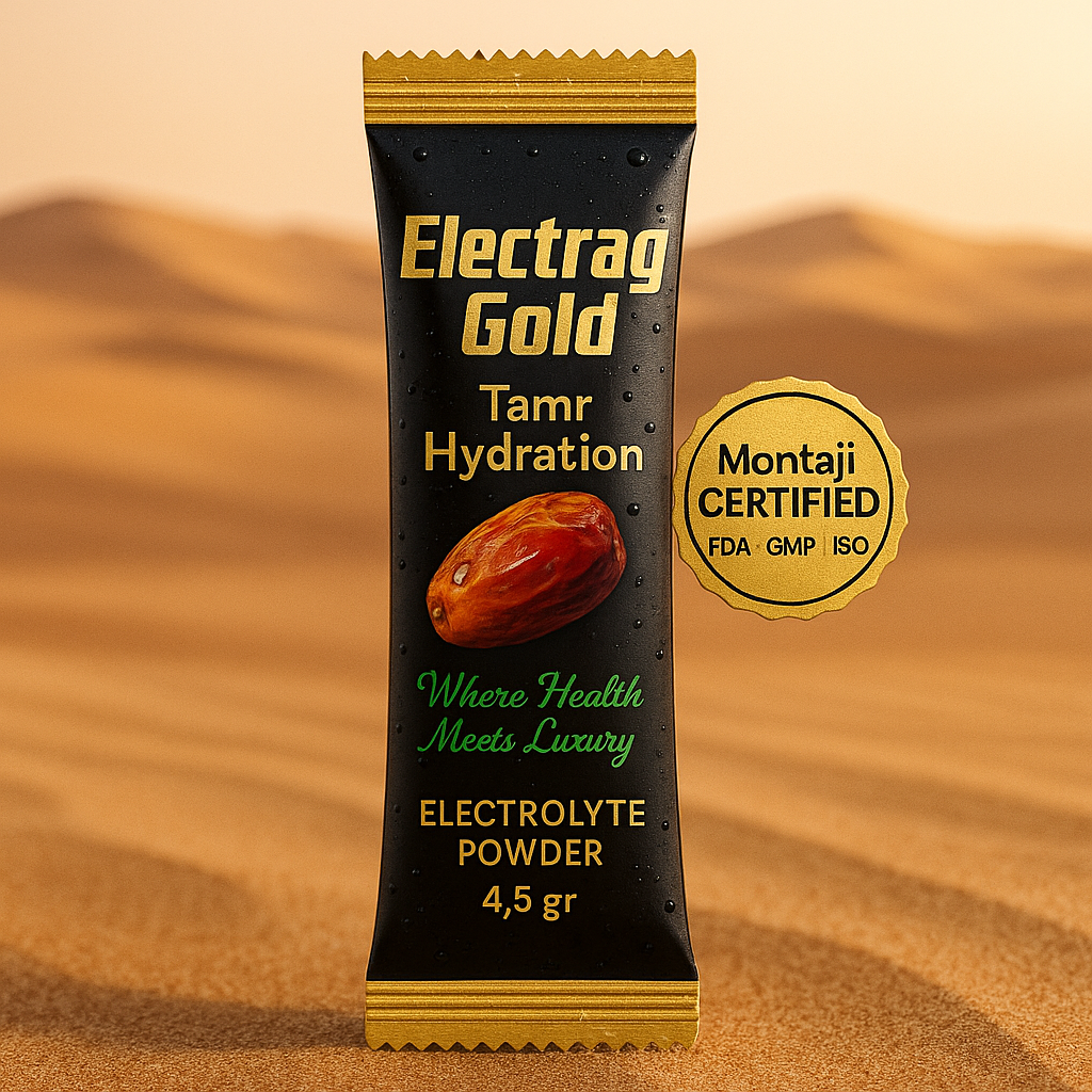 Electrag Gold Tamr Hydration sachet in UAE desert with Montaji-Certified badge, sugar-free electrolyte powder, 4.5 gr.
