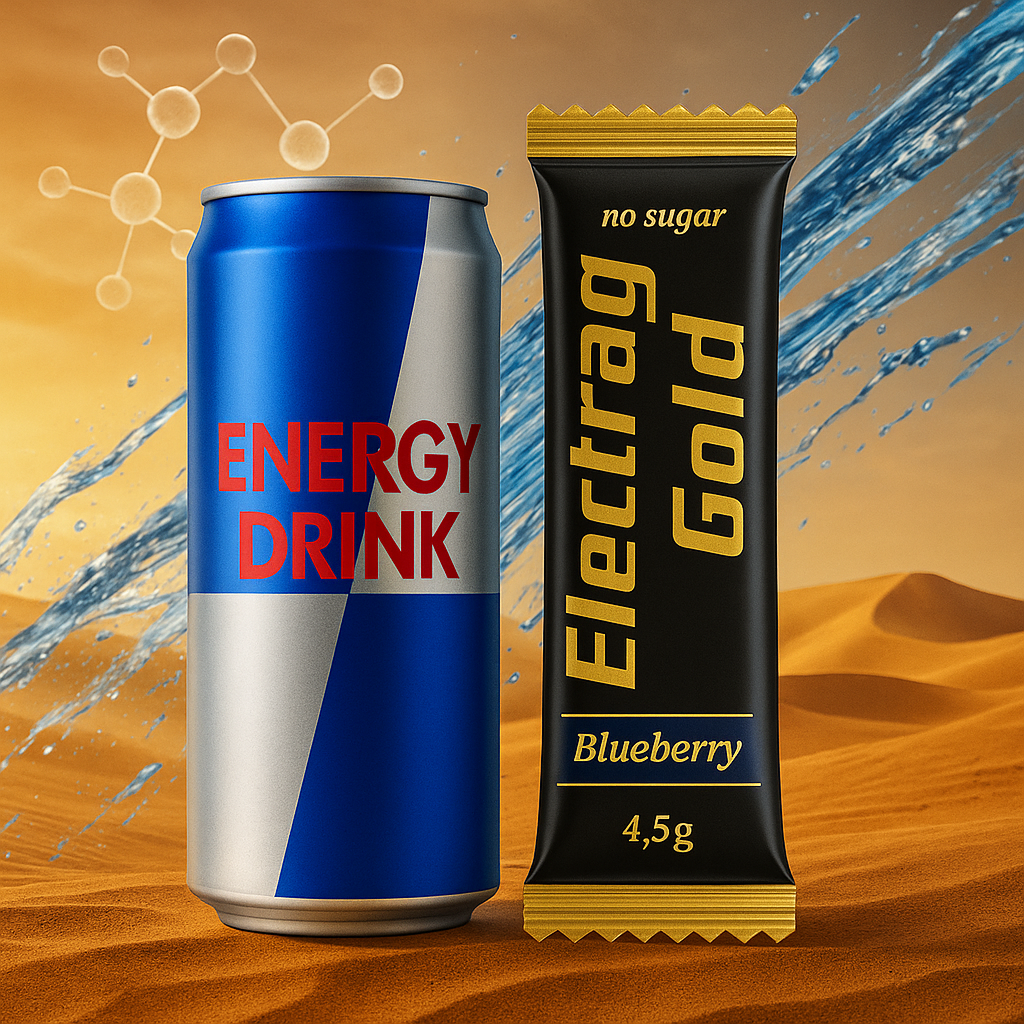 Electrag Gold sugar-free electrolyte sachet compared to a generic energy drink can in the UAE desert, highlighting hydration versus crash with water molecules and splashes.
