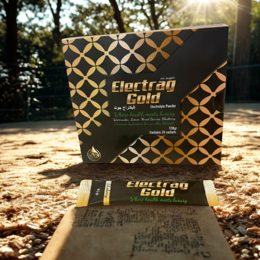 Electrag Gold sugar-free electrolyte powder photographed in Dubai winter sunlight, Montaji-certified hydration for UAE climate