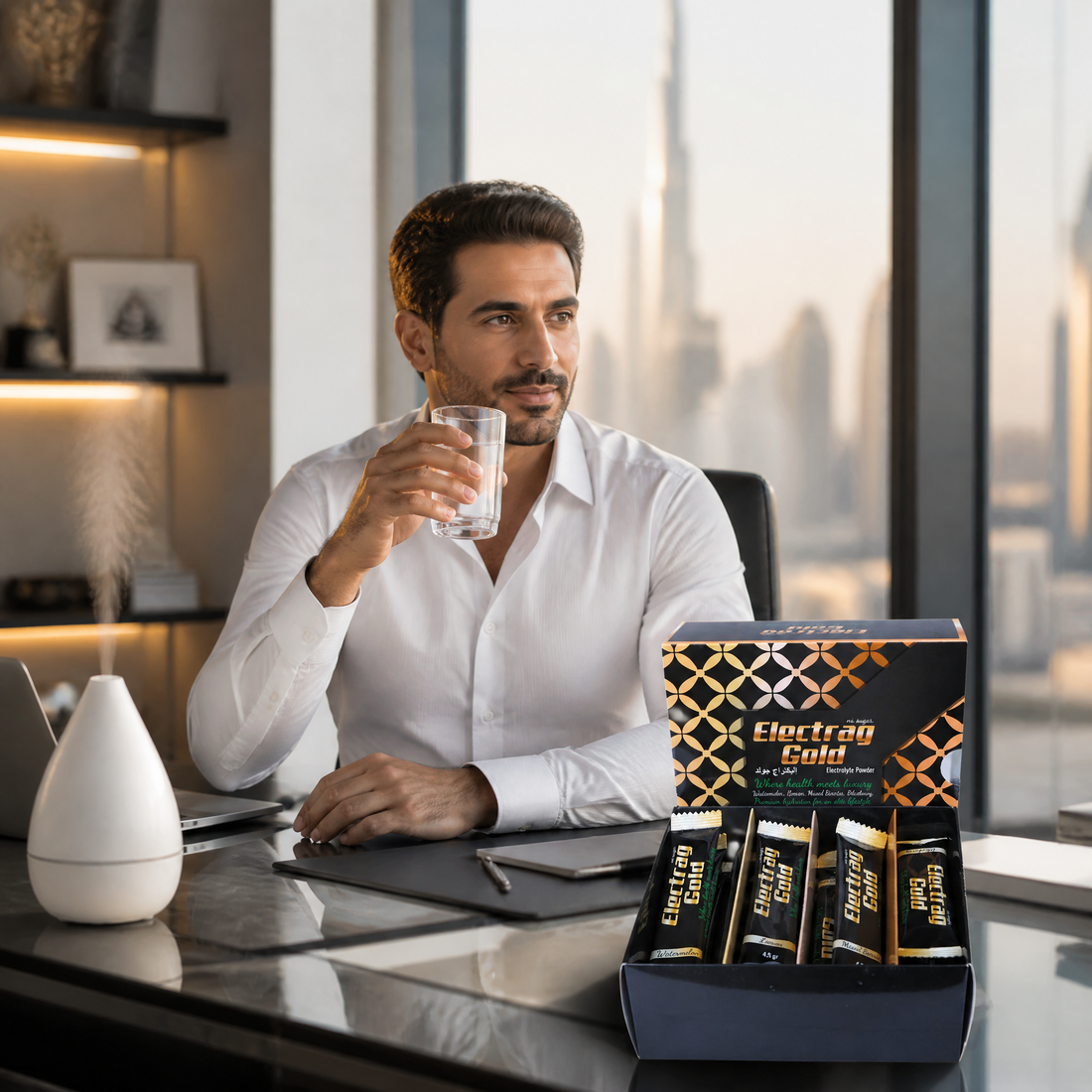 Professional working in air-conditioned office in Dubai experiencing effects of dry indoor air and daily hydration challenges in GCC cities.