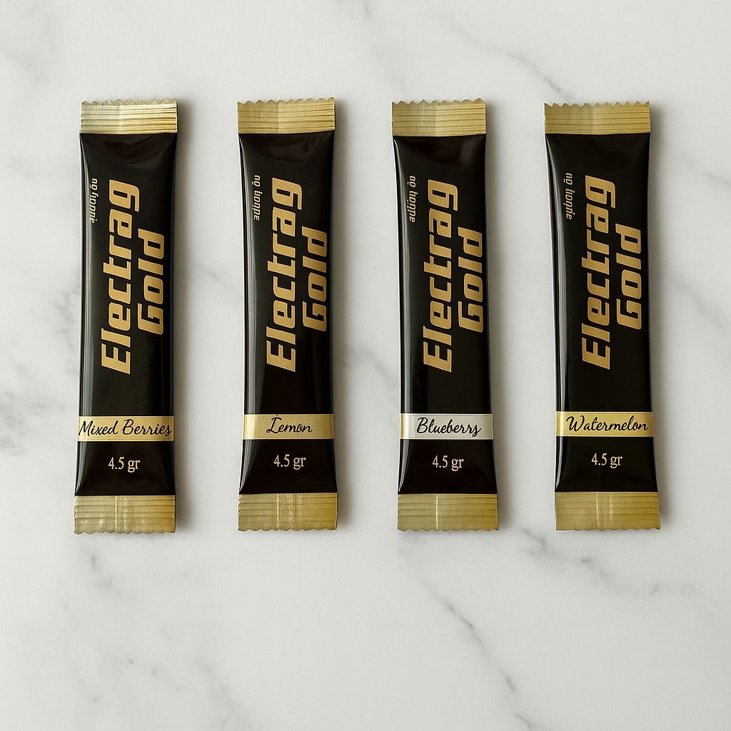 Four Electrag Gold packets on a marble surface