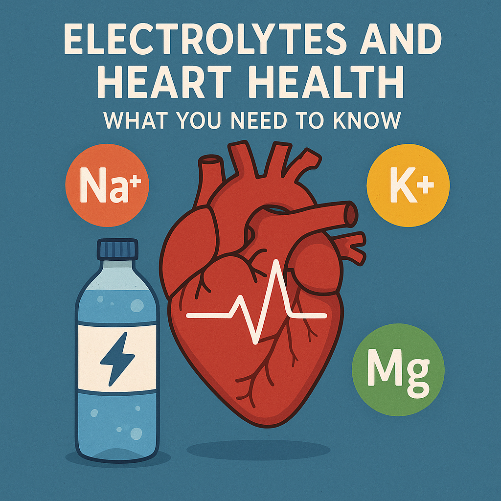 Illustration of a human heart with ECG line, surrounded by sodium, potassium, and magnesium symbols, representing electrolytes and heart health.