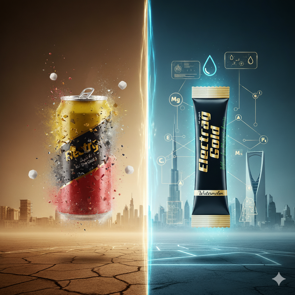 Clean electrolytes replacing energy drinks in the GCC by 2026, with Electrag Gold sachet in a futuristic desert scene showing UAE and KSA wellness trends