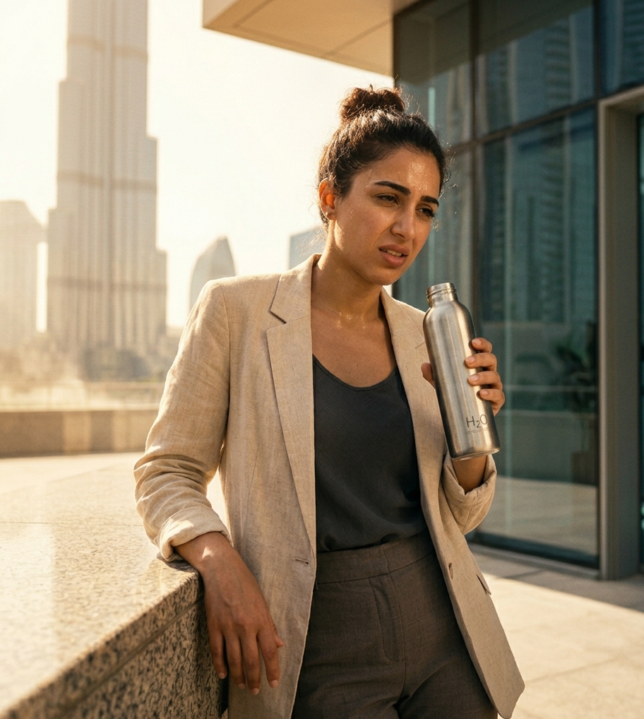 Woman feeling fatigued in Dubai heat while holding a water bottle outdoors near modern UAE buildings,ElectragGold