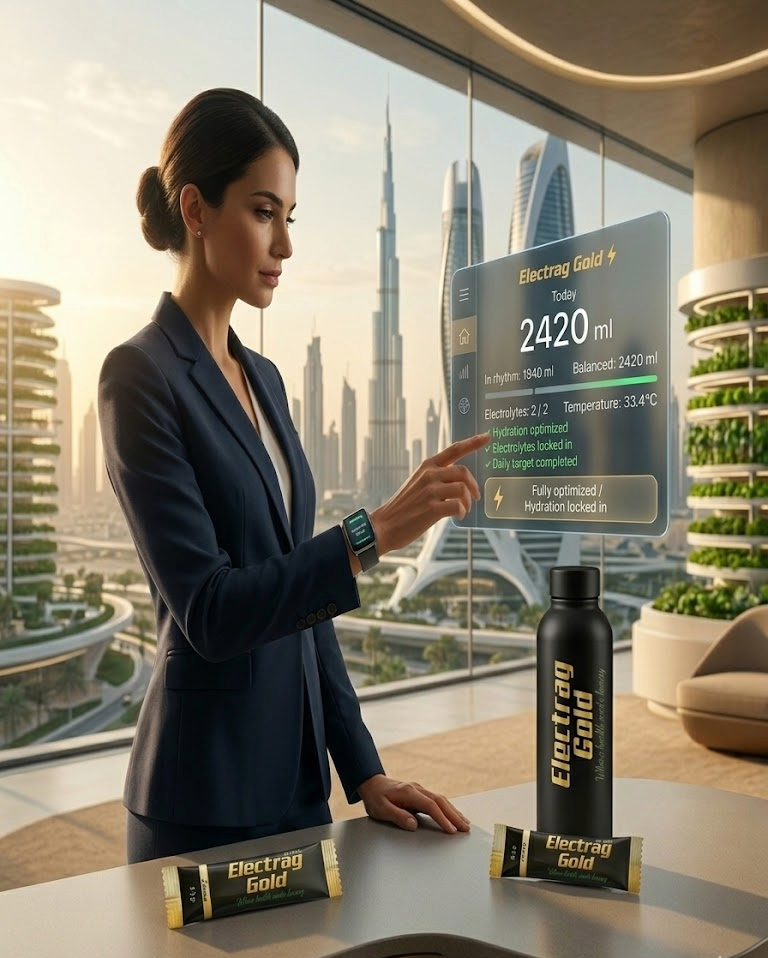 Futuristic climate-aware hydration technology and Electrag Gold electrolyte sachet inside a modern Dubai wellness and smart-city environment