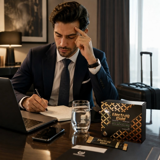 Business professional in a GCC hotel workspace during a demanding travel day with laptop, water, and Electrag Gold hydration support nearby