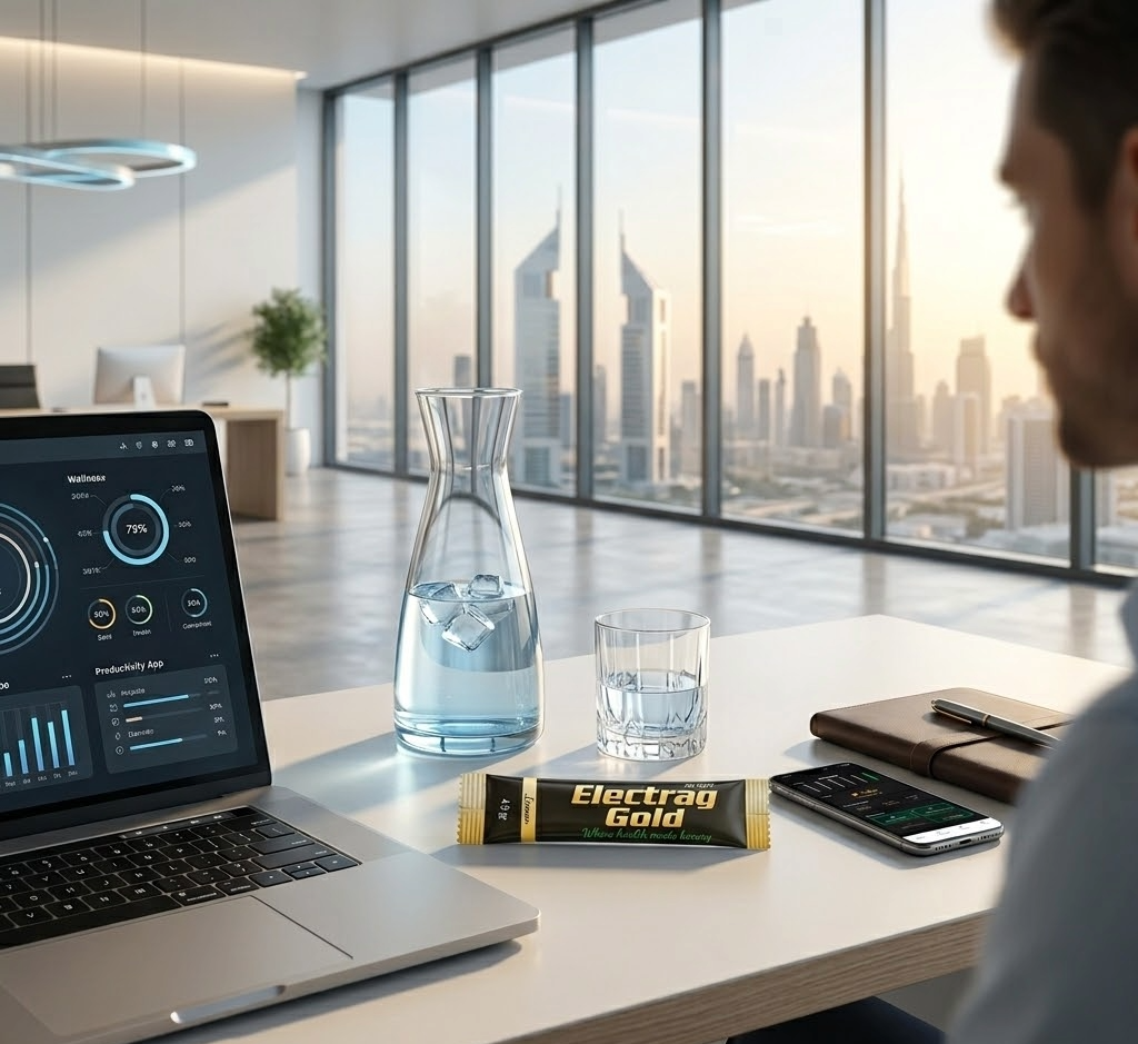 High-performance professionals in a modern Dubai office environment managing hydration, focus, and productivity during UAE heat conditions