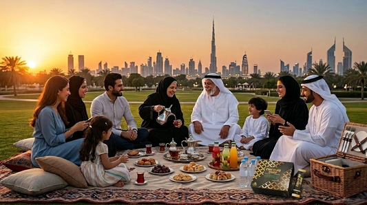 Emirati family enjoying a late-evening gathering in a Dubai park as part of a typical GCC lifestyle routine