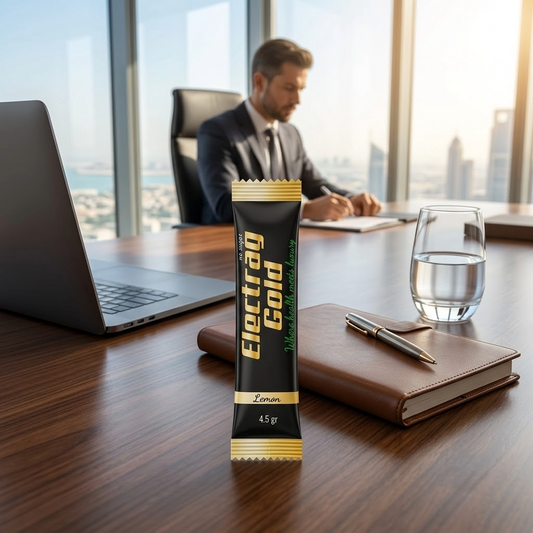 Electrag Gold electrolyte sachet supporting hydration focus and workplace performance during GCC heat conditions.