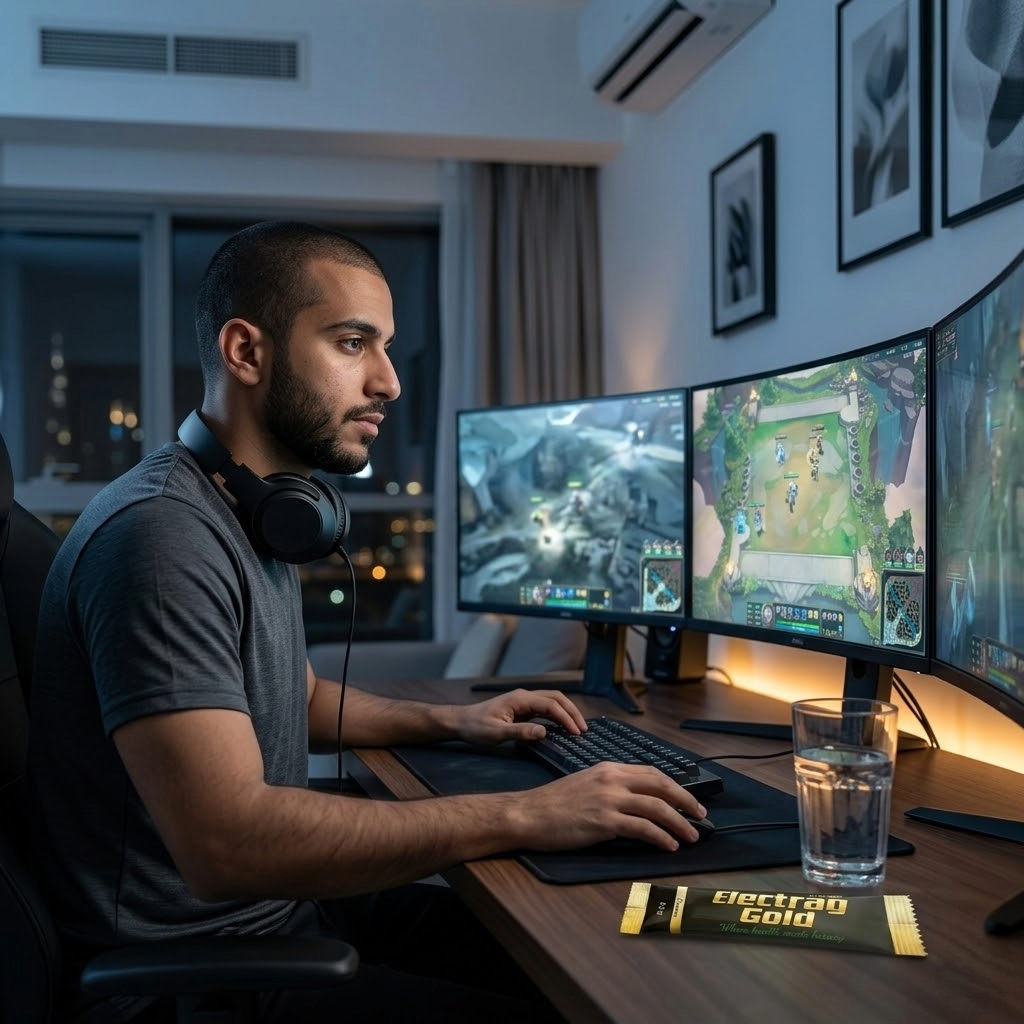 Gamer in an air-conditioned room staying hydrated during a long gaming session with Electrag Gold in the UAE