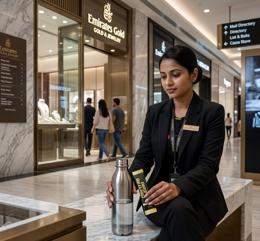 Mall worker in a modern Dubai shopping center using Electrag Gold electrolyte sachets during a hydration break in an air-conditioned retail environment
