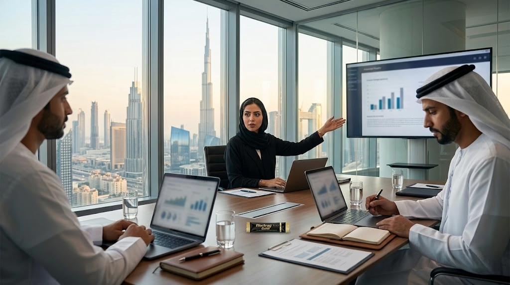 Professionals in a Dubai office during long meetings and demanding workdays with hydration habits and sustained focus