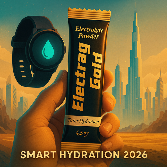Smart hydration trends 2026 in the Gulf – Electrag Gold sugar-free electrolyte sachet with wearable tech in Dubai heat.