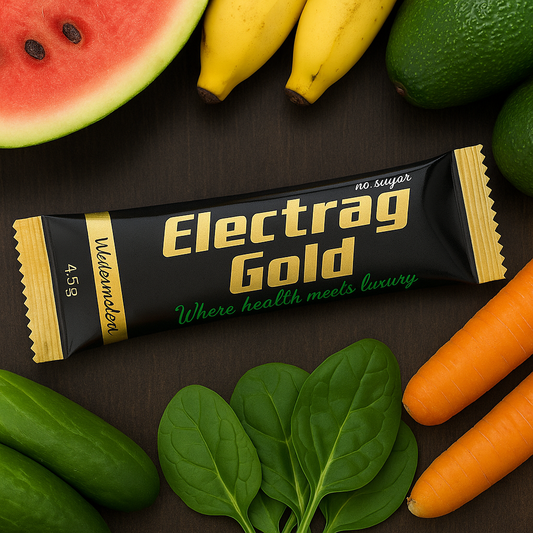 Electrag Gold sugar-free electrolyte sachet on a table surrounded by bananas, dates, spinach, avocado, and broccoli as natural sources of electrolytes