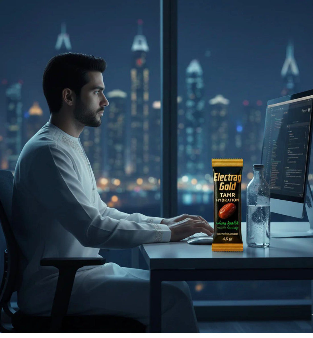 Night shift worker in Dubai using Electrag Gold electrolyte hydration support during a late-night indoor work routine in the UAE