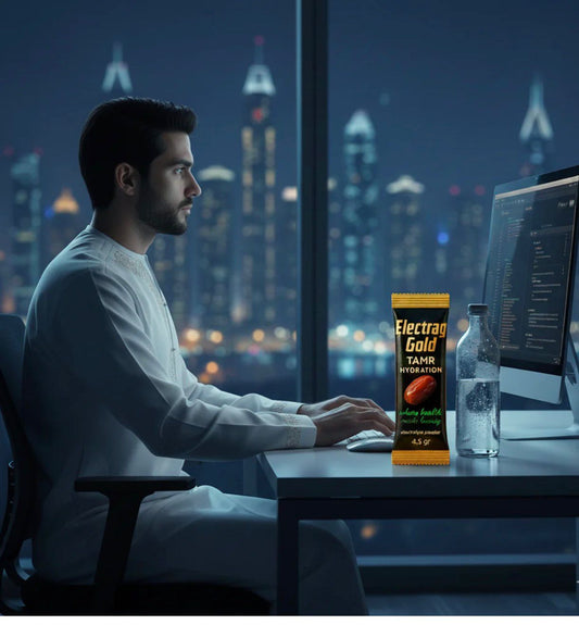 Night shift worker in Dubai using Electrag Gold electrolyte hydration support during a late-night indoor work routine in the UAE