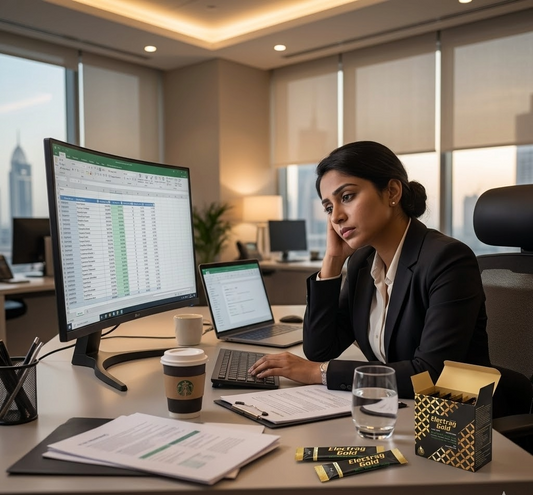 Office worker in Dubai experiencing afternoon fatigue during a long indoor workday with Electrag Gold hydration support on a desk