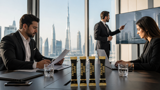 Professionals in a Dubai office using hydration strategies to support workplace performance and focus.