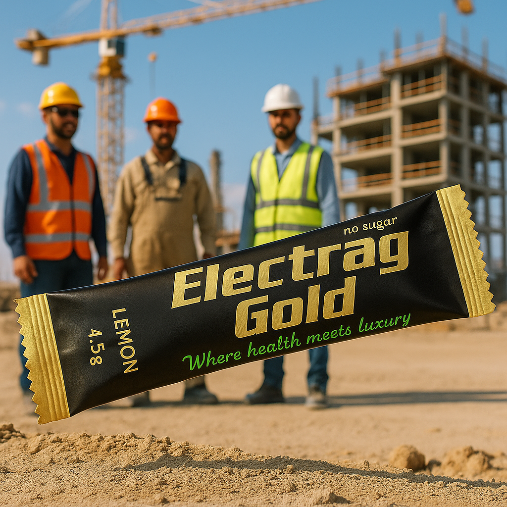 Electrag Gold Lemon Electrolyte Powder sachet for construction workers in UAE, sugar-free hydration supplement in GCC heat.