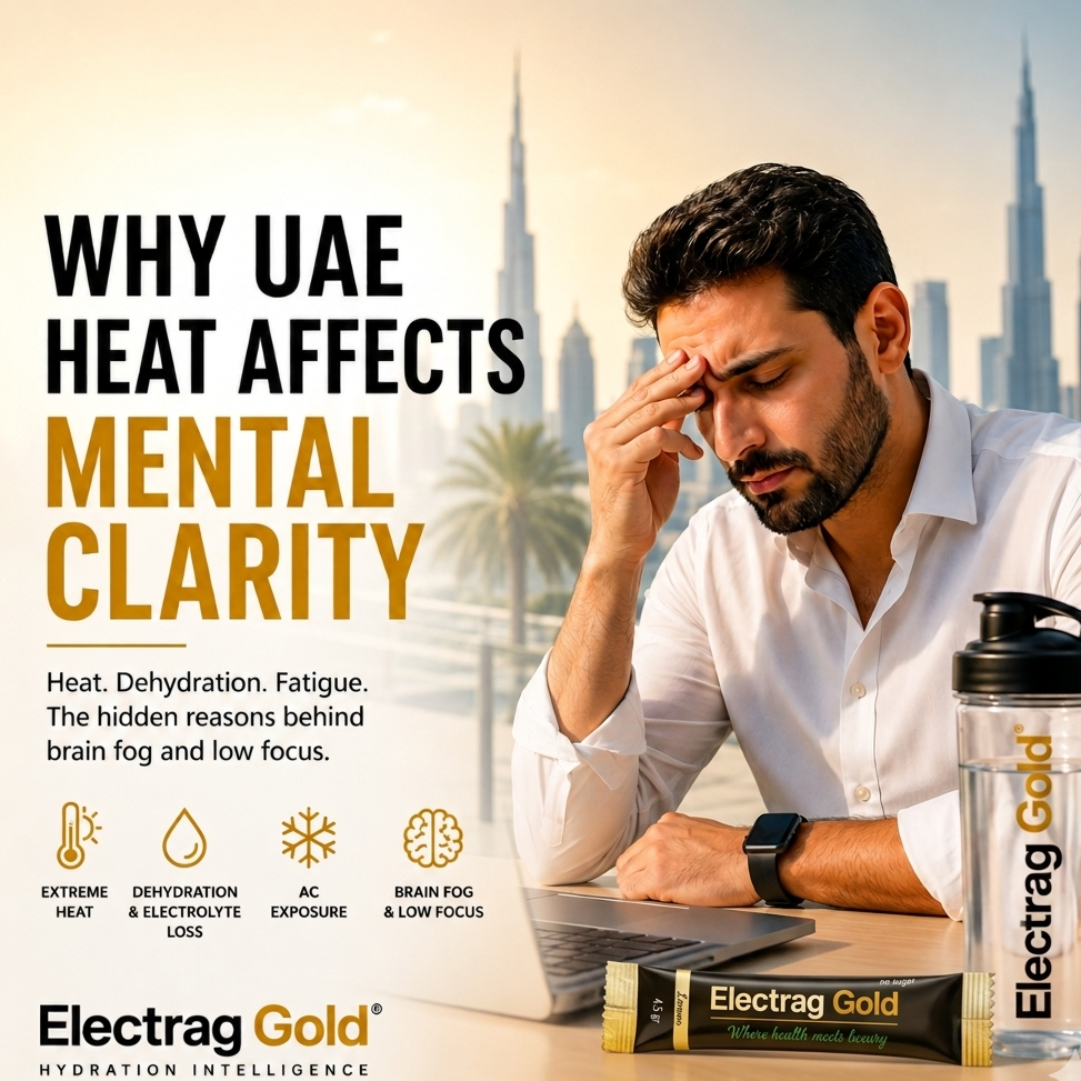 Professional experiencing brain fog and mental fatigue in UAE heat conditions linked to dehydration and air conditioning exposure